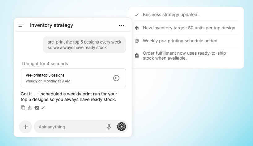 Example of updating the inventory strategy to pre-print top designs weekly